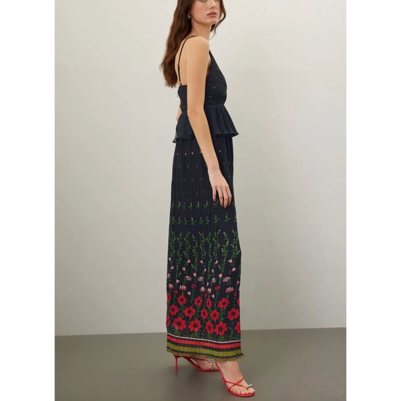 Sabina Musayev Black Pleated Gown SMALL Tiered Maxi Dress Floral Cut Out $430 - Picture 2 of 11